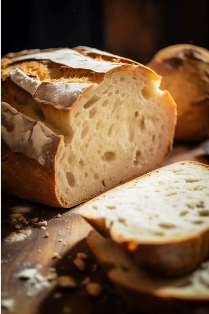 Fresh homemade bread partially sliced.