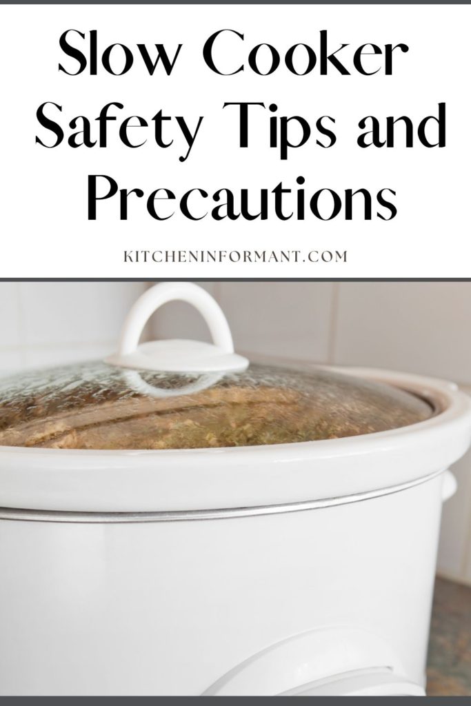 Graphic for Pinterest of Slow Cooker Safety Tips and Precautions to Follow.