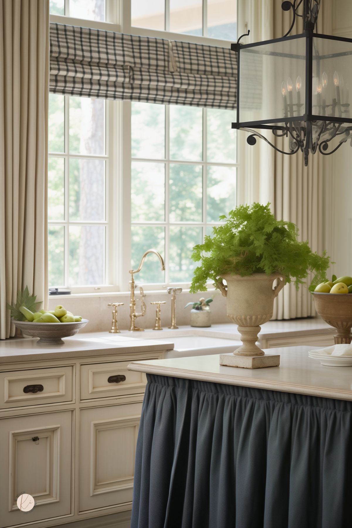 A French country kitchen with cream cabinetry, a farmhouse sink, and a brass faucet set against large windows with plaid Roman shades. A kitchen island with a gathered navy fabric skirt adds a rustic touch. A stone urn with lush greenery sits atop the island, while bowls of green apples decorate the counters. A black wrought-iron lantern chandelier hangs above, enhancing the elegant yet cozy feel.