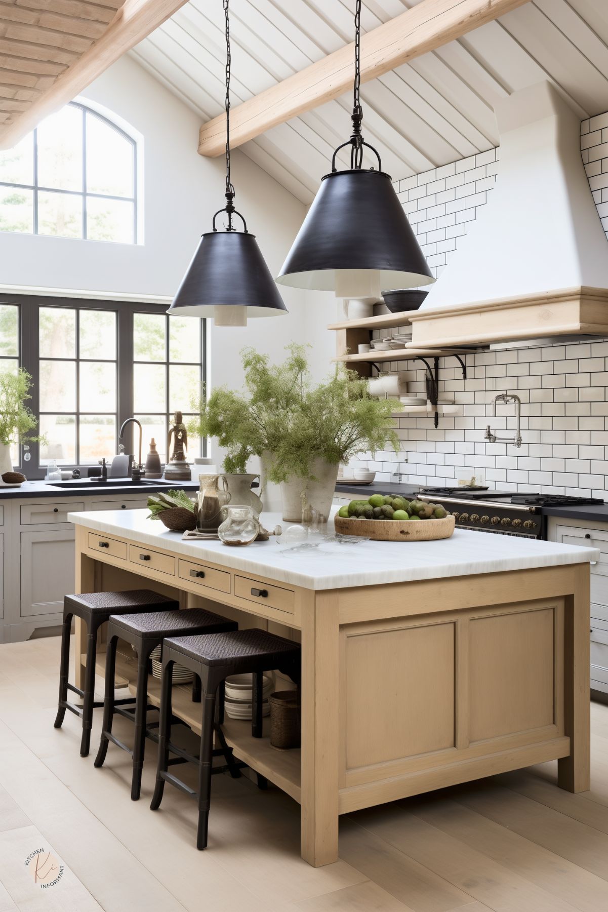 A French country kitchen with a vaulted ceiling, exposed wood beams, and large black-framed windows. A light wood island with a marble countertop is paired with black woven barstools. Oversized black pendant lights hang above, while open shelves display neutral dishware. A white range hood with a wood trim sits against a subway tile backsplash. Greenery and rustic decor add warmth to the space.