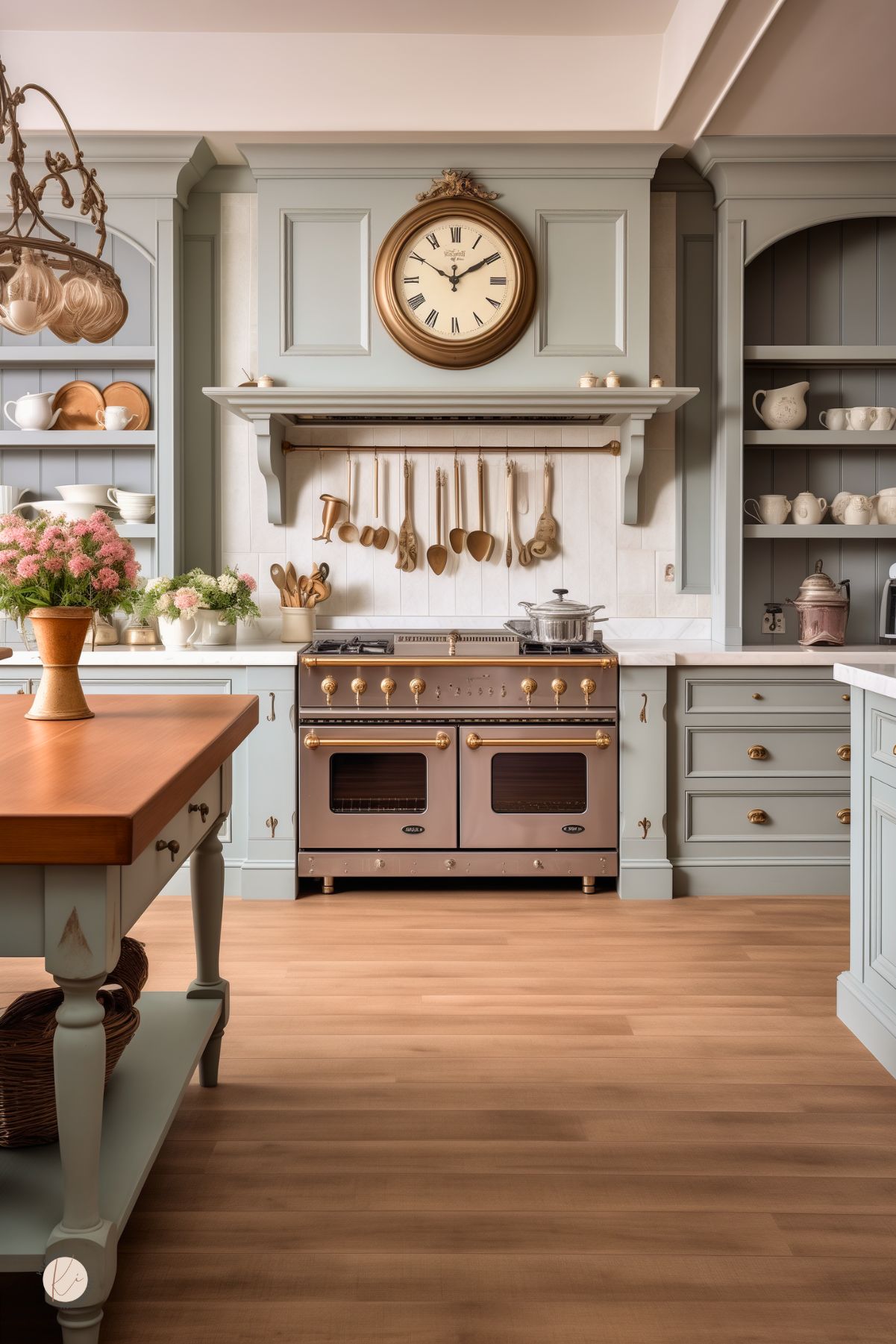 A French country kitchen with muted sage green cabinetry, an elegant brass-accented range, and a white tile backsplash with hanging copper utensils. A vintage-style clock with a gold frame sits above the stove mantel. Open shelves display white dishware and copper accents. A wooden island with a warm butcher block top holds a vase with pink flowers. Soft wood flooring enhances the cozy ambiance.