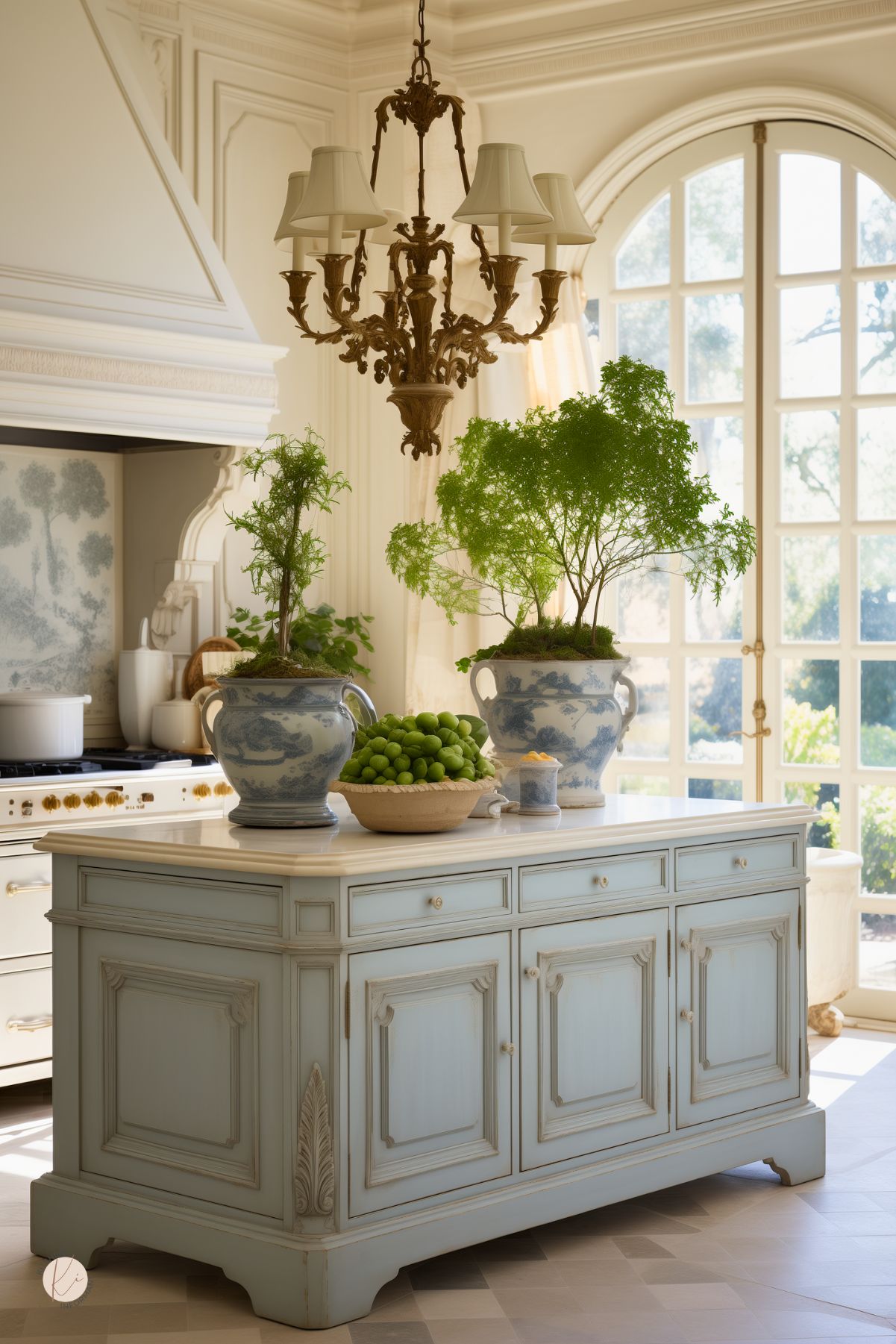 A French country kitchen with a soft blue island, white marble countertop, and ornate detailing. Two blue and white urns with lush greenery sit atop the island alongside a bowl of green grapes. A gold chandelier with fabric shades hangs above. The backdrop features an elegant white range with gold accents, a scenic toile backsplash, and arched French doors that flood the space with natural light.