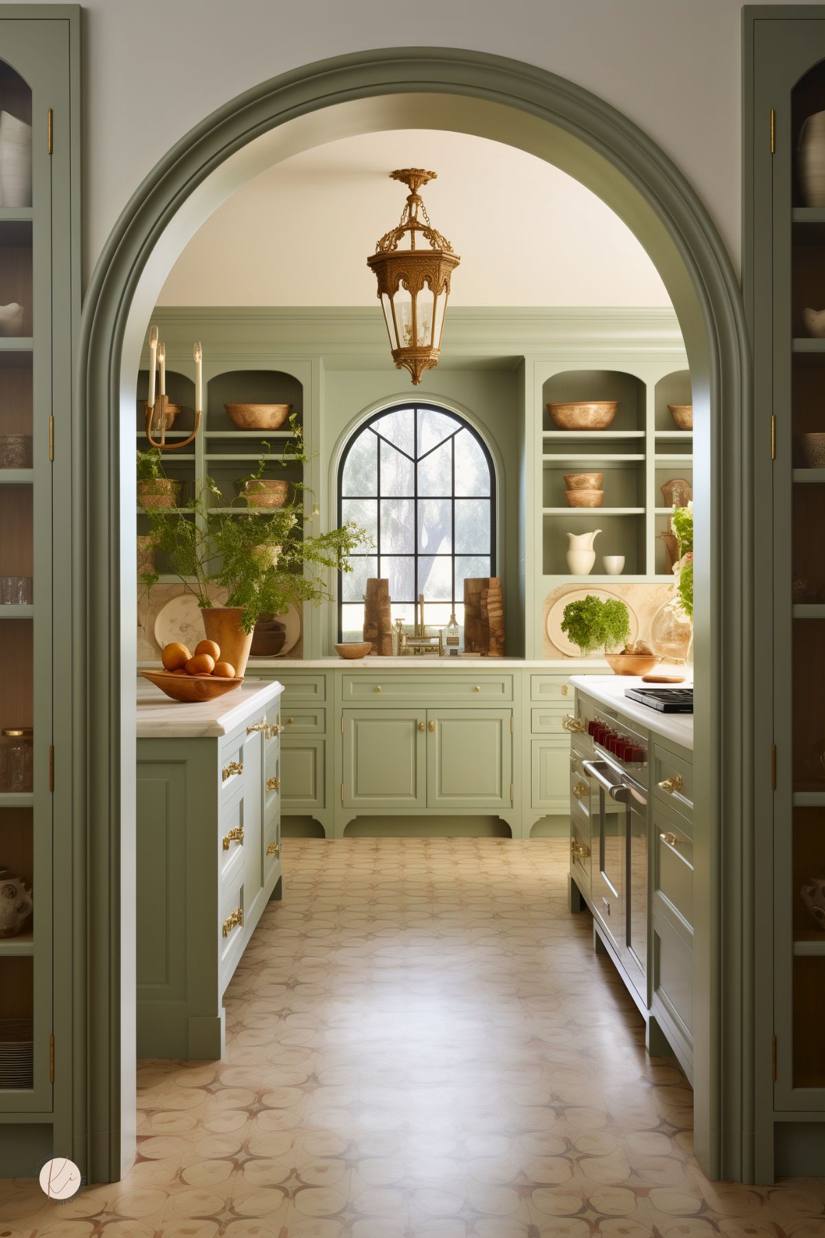 A French country kitchen with sage green cabinetry, an arched entryway, and a black-framed arched window above the sink. Open shelves display rustic pottery and dishware. A central island with brass hardware and a marble countertop holds a bowl of oranges and fresh greenery. A vintage-style lantern hangs from the ceiling, complementing the soft patterned tile floor and warm natural light.