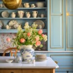 A French country kitchen with pastel blue cabinetry accented with gold trim, open shelves displaying vintage blue and white china, and a floral wallpaper backsplash. A rustic wooden table with a marble top is set with stacked plates, teacups, and a blue and white vase filled with pink and white flowers. A large brass pendant light hangs above, adding warmth to the elegant space.