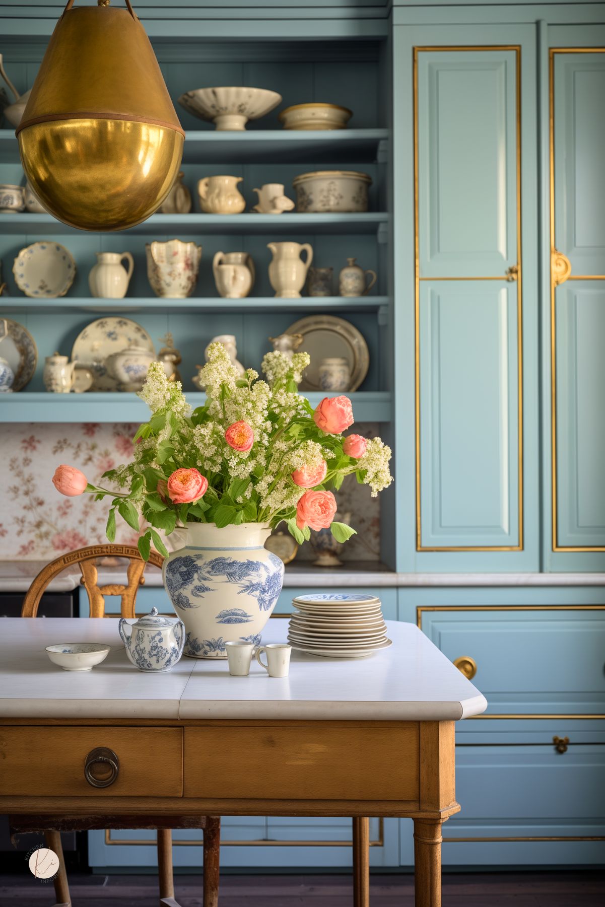 A French country kitchen with pastel blue cabinetry accented with gold trim, open shelves displaying vintage blue and white china, and a floral wallpaper backsplash. A rustic wooden table with a marble top is set with stacked plates, teacups, and a blue and white vase filled with pink and white flowers. A large brass pendant light hangs above, adding warmth to the elegant space.