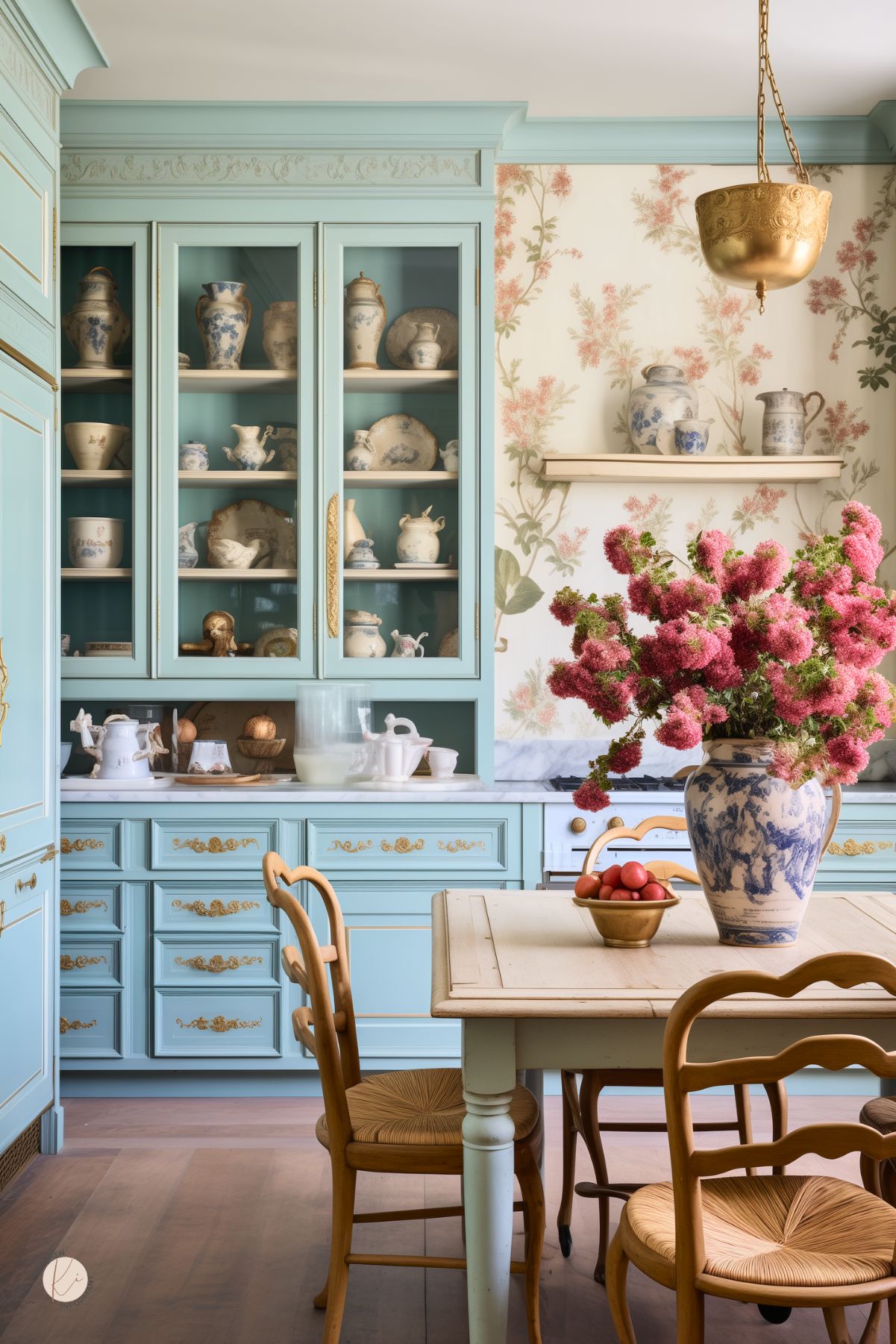 A French country kitchen with pastel blue cabinetry featuring gold detailing and glass-paneled doors displaying vintage blue and white china. A floral wallpapered wall with a wooden shelf holds additional ceramic pieces. A rustic wooden dining table with woven-seat chairs sits in the foreground, adorned with a blue and white vase filled with pink flowers and a bowl of red apples. A brass pendant light hangs above.