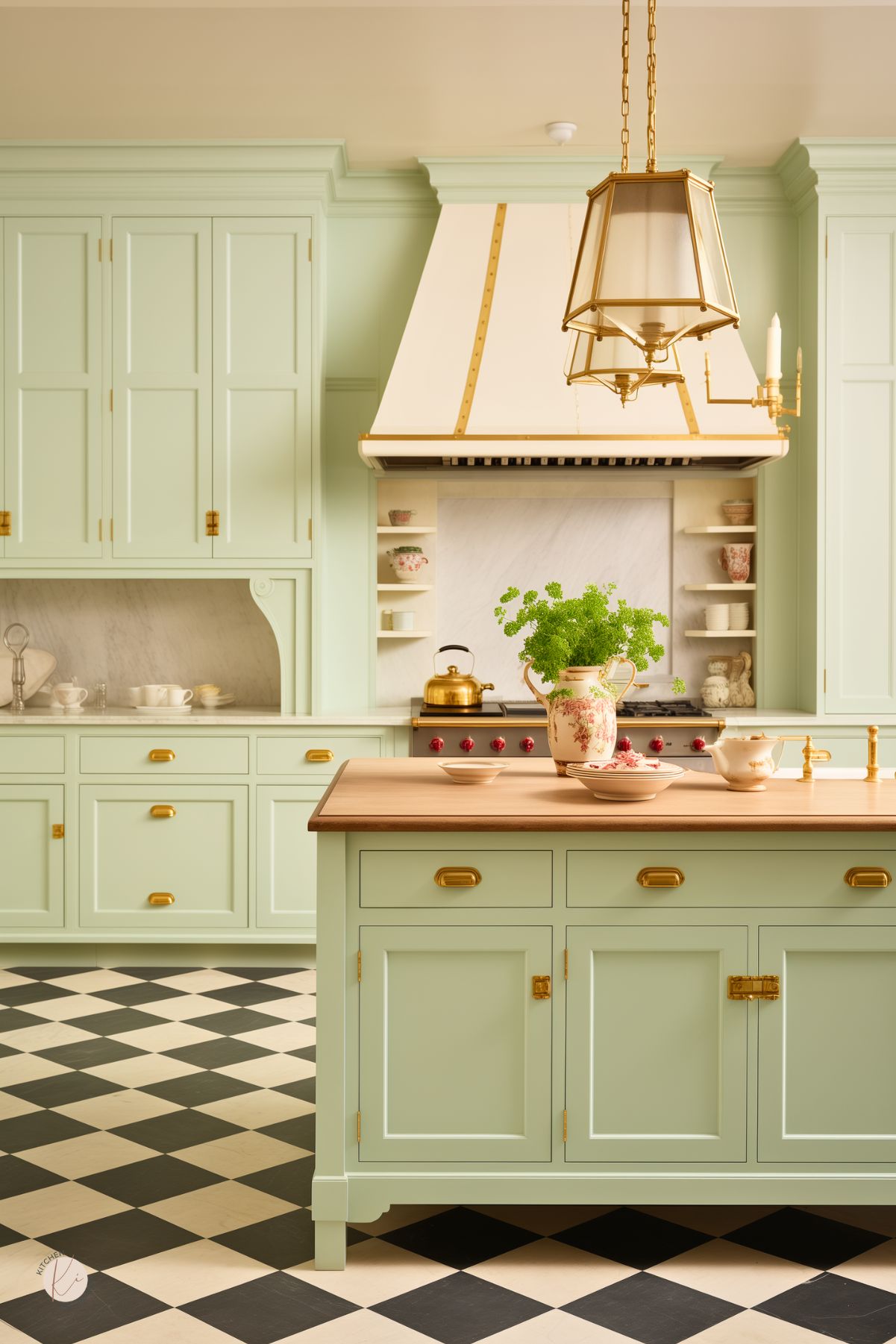 A French country kitchen with soft mint green cabinetry, gold hardware, and a wood-topped island. A white and gold range hood sits above a marble backsplash, flanked by open shelves displaying delicate china. A vintage-style gold lantern pendant light hangs above the island, which is set with floral dishware and a vase of fresh greenery. The black and white checkered floor adds a classic touch.