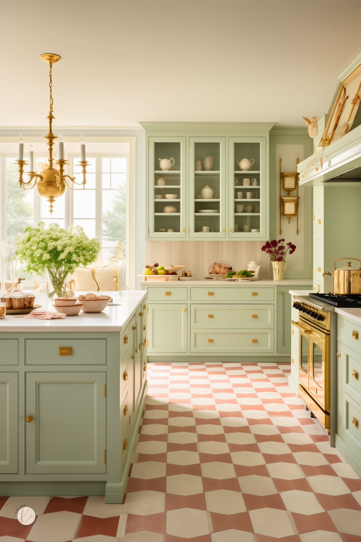 A French country kitchen with soft mint green cabinetry, gold hardware, and a white countertop. A patterned pink and white tile floor adds charm, while a gold chandelier hangs above the island. Glass-front cabinets display white dishware, and a gold-accented range sits against a striped backsplash. A large window lets in natural light, illuminating fresh flowers and a cozy built-in seating nook.