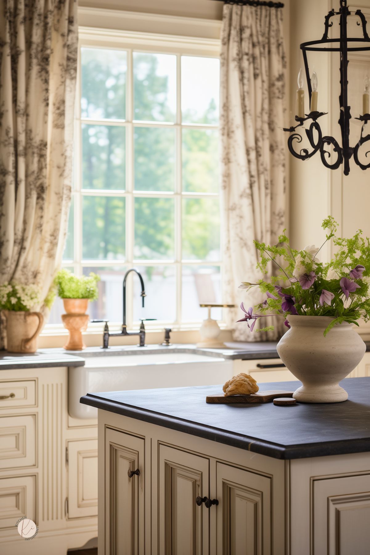 A French country kitchen with a large window framed by toile curtains, allowing natural light to illuminate the space. A farmhouse sink with a black faucet sits beneath the window, surrounded by cream-colored cabinetry with decorative molding. A dark countertop island features a rustic cutting board with bread and a ceramic vase filled with fresh purple and white flowers. A wrought-iron chandelier hangs above.