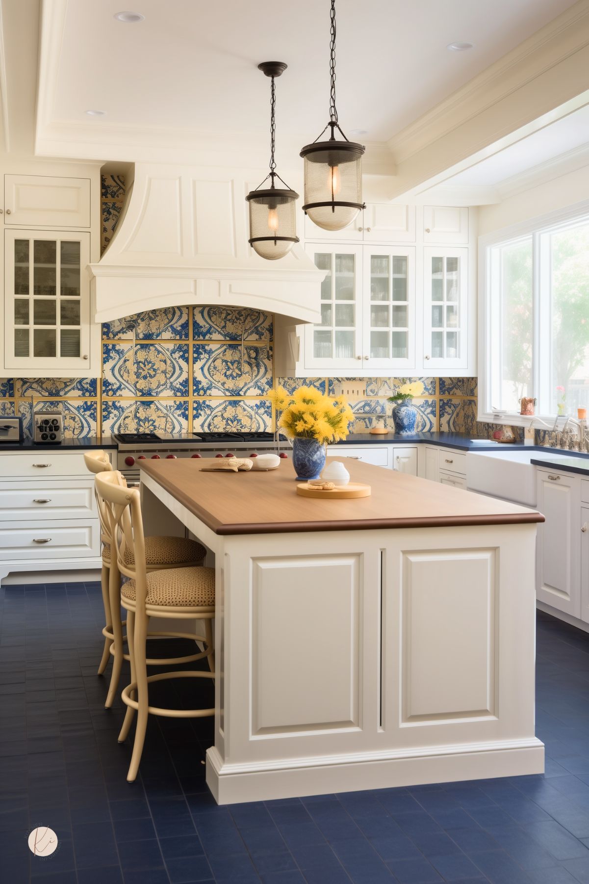 A French country kitchen with white cabinetry, a large island with a wood countertop, and a bold blue and yellow patterned tile backsplash. Glass-front cabinets frame a decorative range hood, while dark blue floor tiles contrast the light cabinetry. Two rustic pendant lights hang above the island, which is paired with woven-seat barstools. A blue and white vase with yellow flowers adds a vibrant touch.