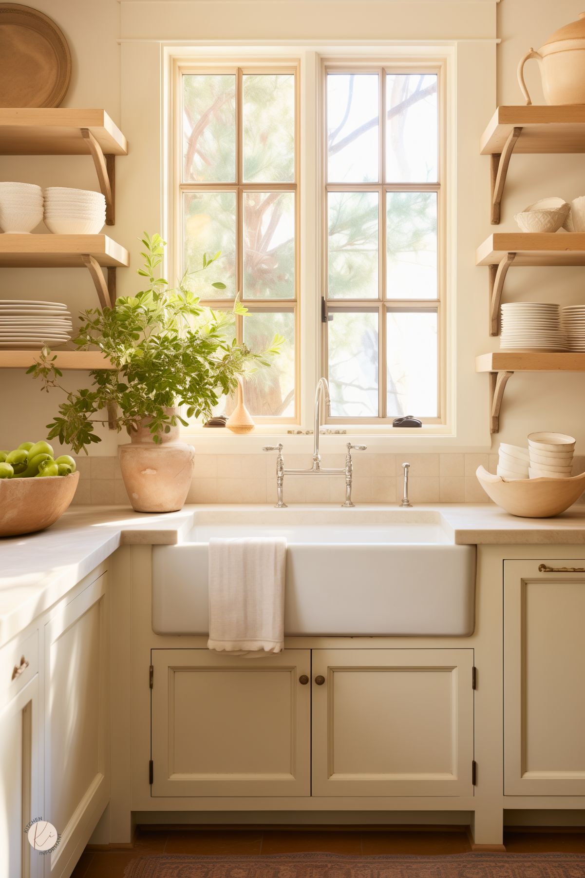 A cozy French country kitchen with a farmhouse sink beneath a large window framed by soft beige cabinetry. Open wooden shelves display neatly stacked white dishware and rustic pottery. A terracotta vase with fresh greenery sits on the counter, alongside a wooden bowl filled with green apples. A white dish towel hangs over the sink, adding to the warm, inviting atmosphere.