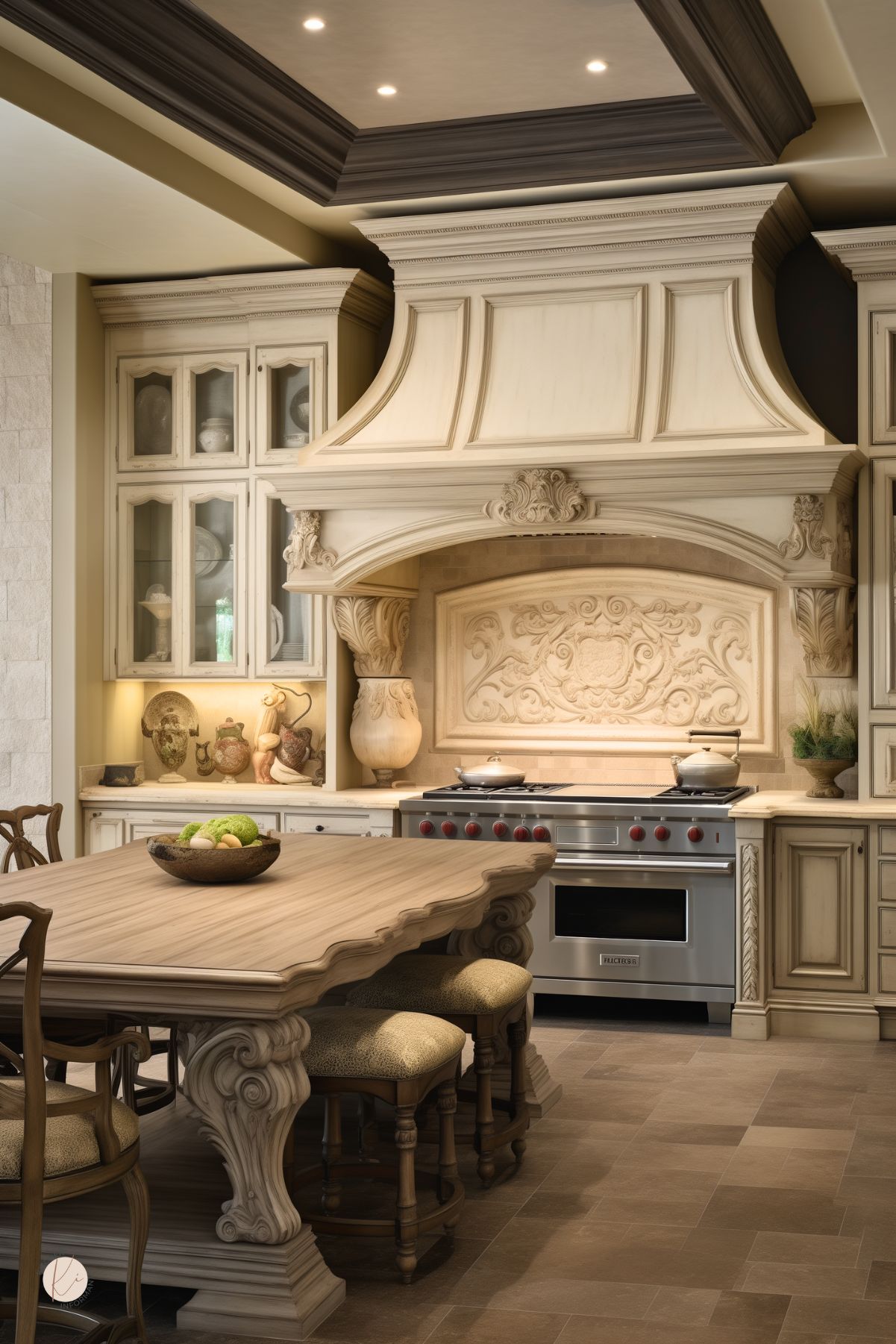 A luxurious French country kitchen with ornate cream cabinetry, a grand carved range hood, and an intricate backsplash with scroll detailing. A large wooden dining island with sculpted legs is paired with upholstered barstools. Glass-front cabinets display decorative dishware, while warm lighting enhances the rich textures. A professional-grade stainless steel stove sits beneath the elaborate hood.