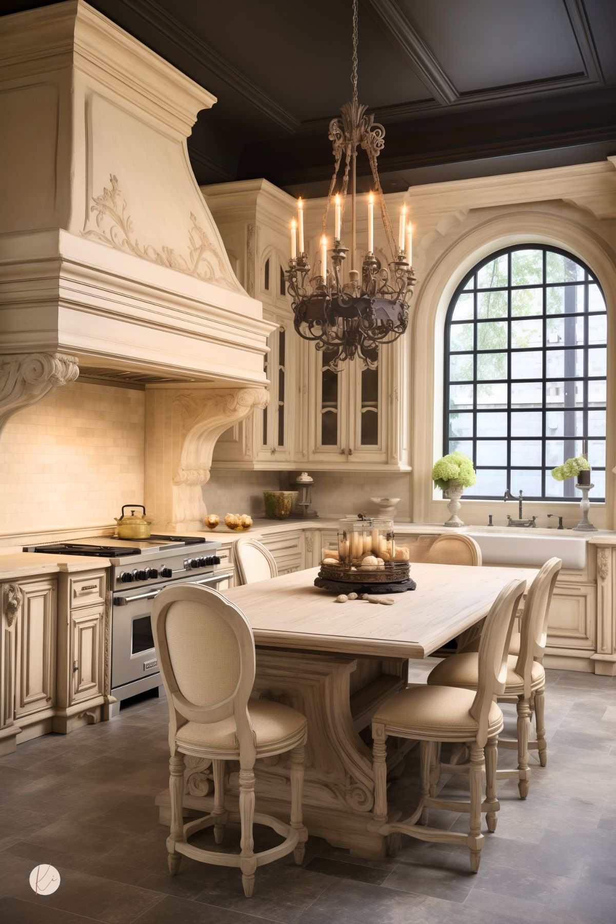 A dramatic French country kitchen with ornate cream cabinetry, an oversized carved range hood, and a black coffered ceiling. A rustic wooden dining table with upholstered chairs sits beneath an elegant wrought-iron chandelier. A large arched window with black framing allows natural light to stream in. A farmhouse sink, decorative stone accents, and soft candlelight complete the warm, luxurious setting.