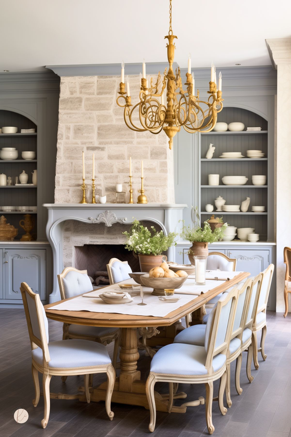 A French country dining room with a rustic wooden table surrounded by elegant upholstered chairs in soft blue. A gold chandelier with intricate detailing hangs above. A stone fireplace with a carved mantel serves as a focal point, flanked by built-in blue cabinetry displaying white dishware. The table is set with neutral-toned plates, candles, and fresh greenery, creating a warm, inviting atmosphere.