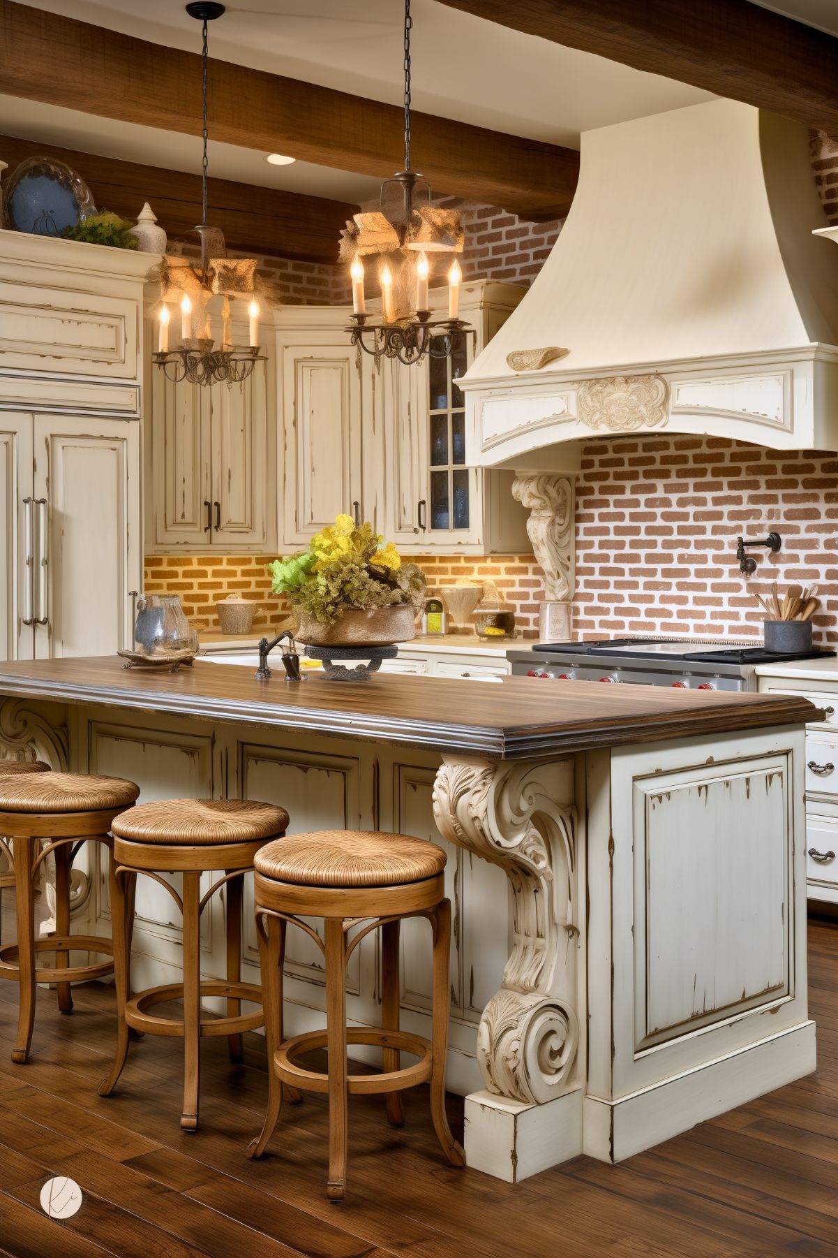 A French country kitchen with distressed cream cabinetry, a brick backsplash, and a large decorative range hood with ornate detailing. A wood-topped island with intricate carved corbels is paired with woven rattan barstools. Two wrought-iron chandeliers with burlap accents hang above, while exposed wood ceiling beams add warmth. A centerpiece with dried flowers sits on the island, enhancing the rustic charm.