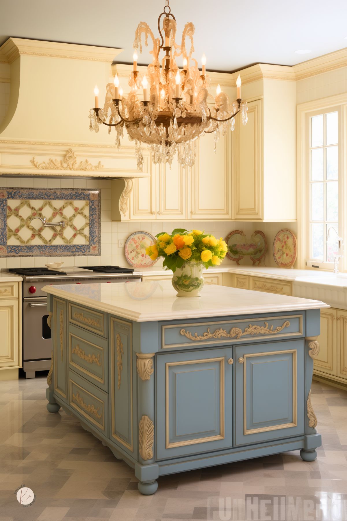 A French country kitchen with cream cabinetry, a blue island with gold detailing, and a white marble countertop. A crystal chandelier hangs above the island, adding elegance. The backsplash features an intricate tile design with floral motifs, complementing decorative plates displayed along the counter. A farmhouse sink sits beneath a large window, and a vase with yellow roses serves as a vibrant centerpiece.