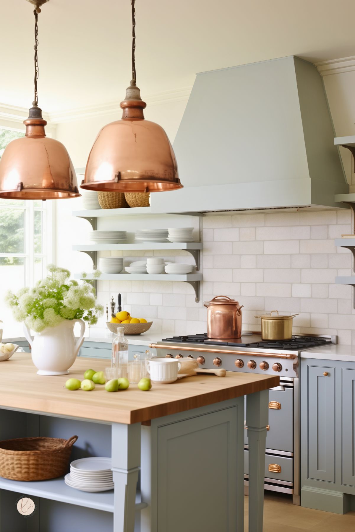 A French country kitchen with soft blue cabinetry, a wood-topped island, and a light blue range hood. Copper accents, including pendant lights, cookware, and stove details, add warmth. Open shelves display neatly stacked white dishware against a white subway tile backsplash. A white pitcher filled with fresh greenery sits on the island alongside green apples, a rolling pin, and glassware.