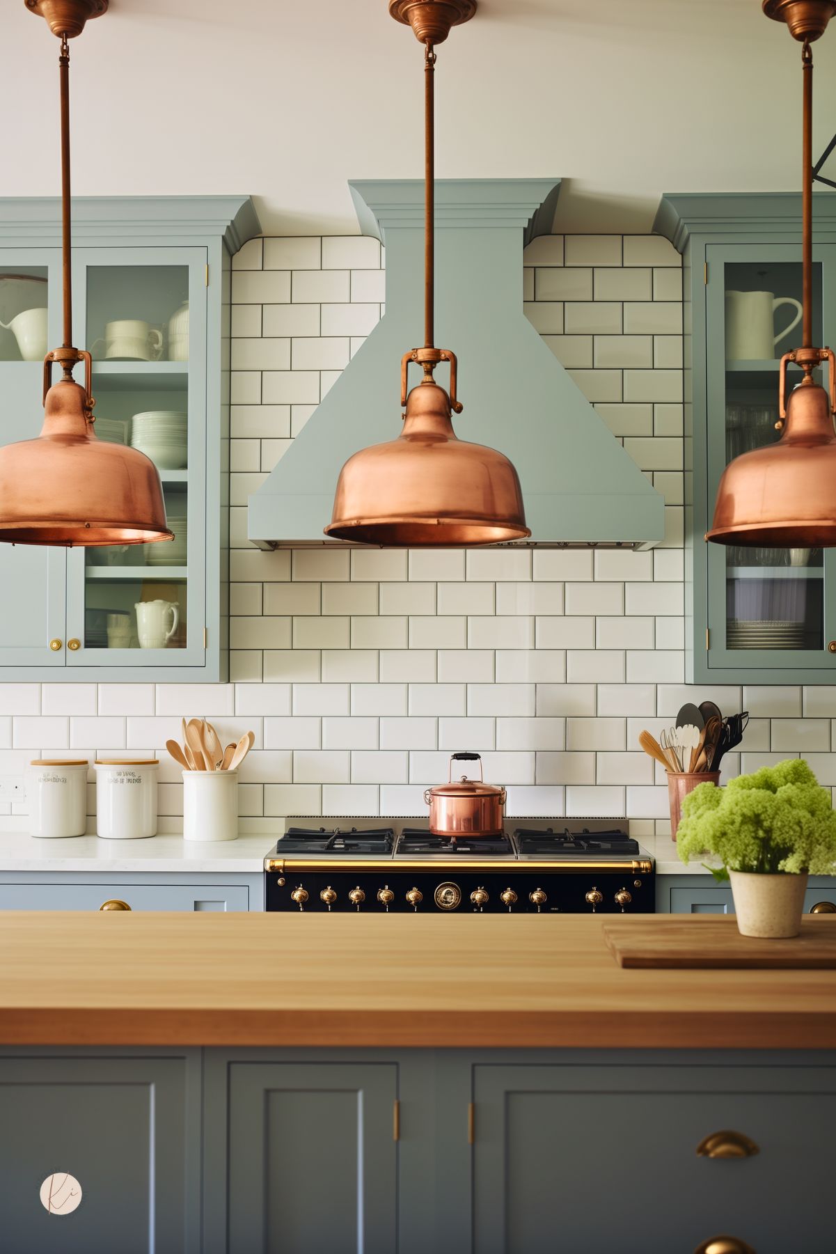 A French country kitchen with soft blue cabinetry, a subway tile backsplash, and a matching blue range hood. A black and gold vintage-style stove sits beneath, with a copper pot on the burner. Three large copper pendant lights hang above a butcher block island. Glass-front cabinets display white dishware, while copper utensils and a potted green plant add warmth and contrast.