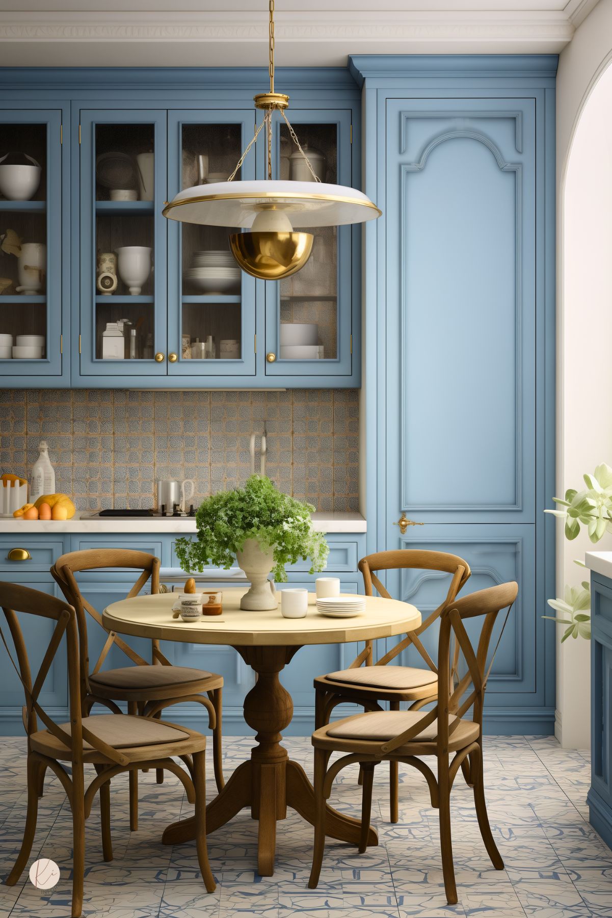 A French country kitchen with soft blue cabinetry, glass-paneled upper cabinets, and a patterned tile backsplash. A round wooden dining table with four curved bistro chairs sits in the center, topped with a white vase holding fresh greenery. A gold and white pendant light hangs above. The floor features decorative blue and white tiles, while natural light filters through an arched entryway lined with plants.