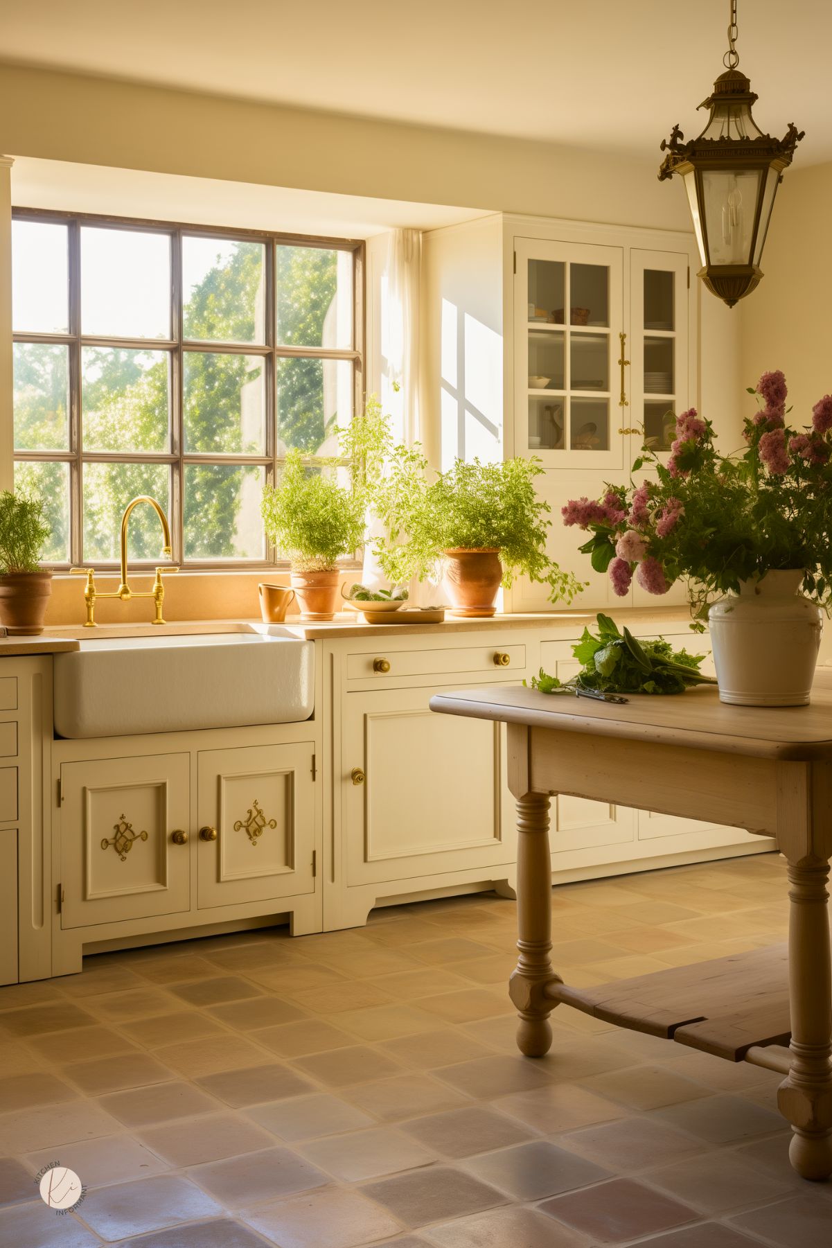  A sunlit French country kitchen with cream cabinetry, a farmhouse sink, and brass fixtures set against a large grid-style window. Terracotta pots with fresh herbs line the countertop, bringing in greenery. A rustic wooden table holds a vase of pink flowers and freshly picked greens. A vintage lantern-style pendant light hangs above, complementing the warm-toned tiled floor and cozy ambiance.