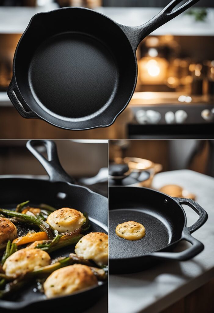 A collage of 3 photos of cast iron skillets, 1 with a skillet suspended in air as a product shot, one filled with scallops and greens, and one on a white countertop.