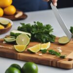 A person's hand on a knife, over a cutting board, cutting lime wedges.