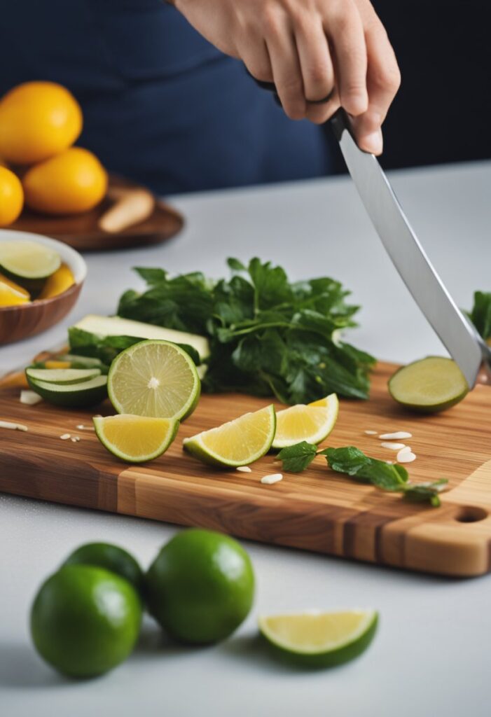 A person's hand on a knife, over a cutting board, cutting lime wedges.