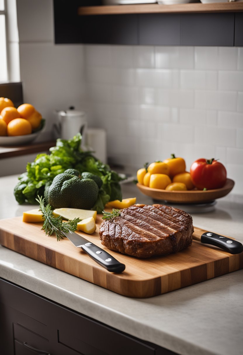 A cutting board with a cooked steak on it with a knife next to it.