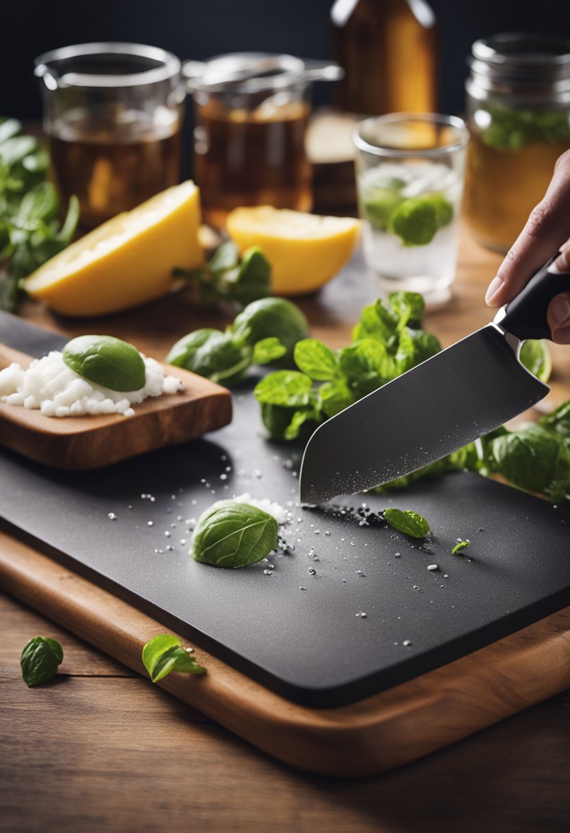 A cutting board with a knife surrounded by basil.