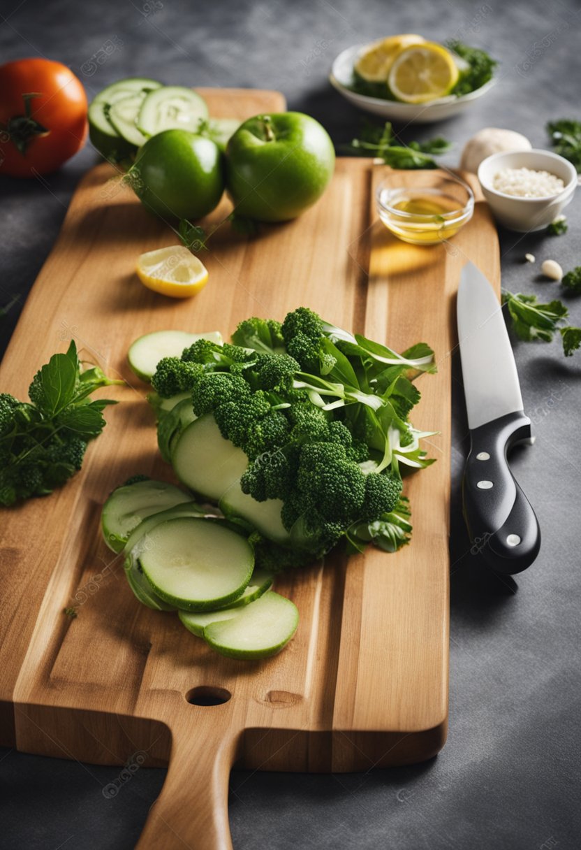 A cutting board with sliced cucumbers and broccoli.