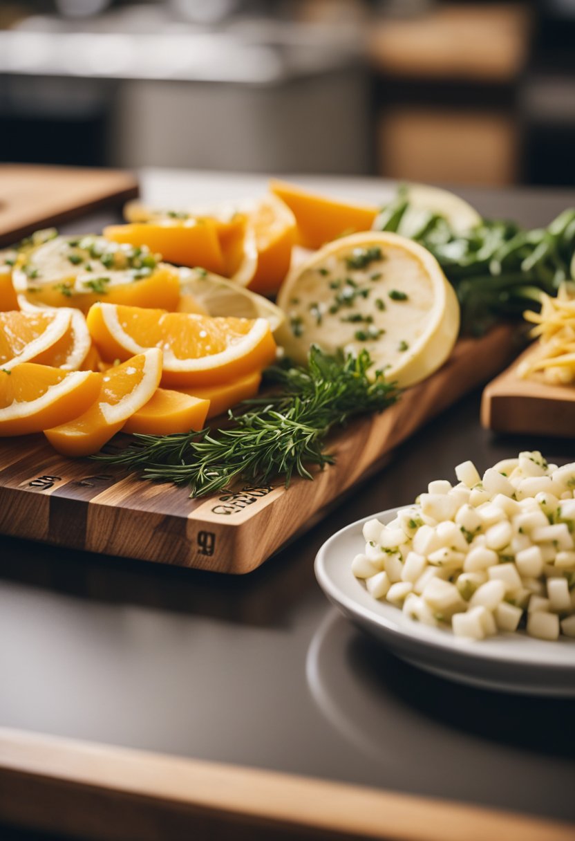 A wooden cutting board with sliced oranges on it.
