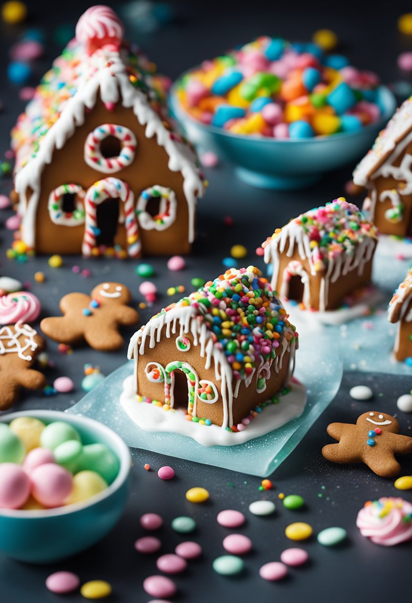 Small gingerbread houses surrounded by gingerbread men and loose candy scattered around.