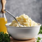 Prepared mashed potatoes in a white bowl with a spoon in it, sitting on a kitchen counter.