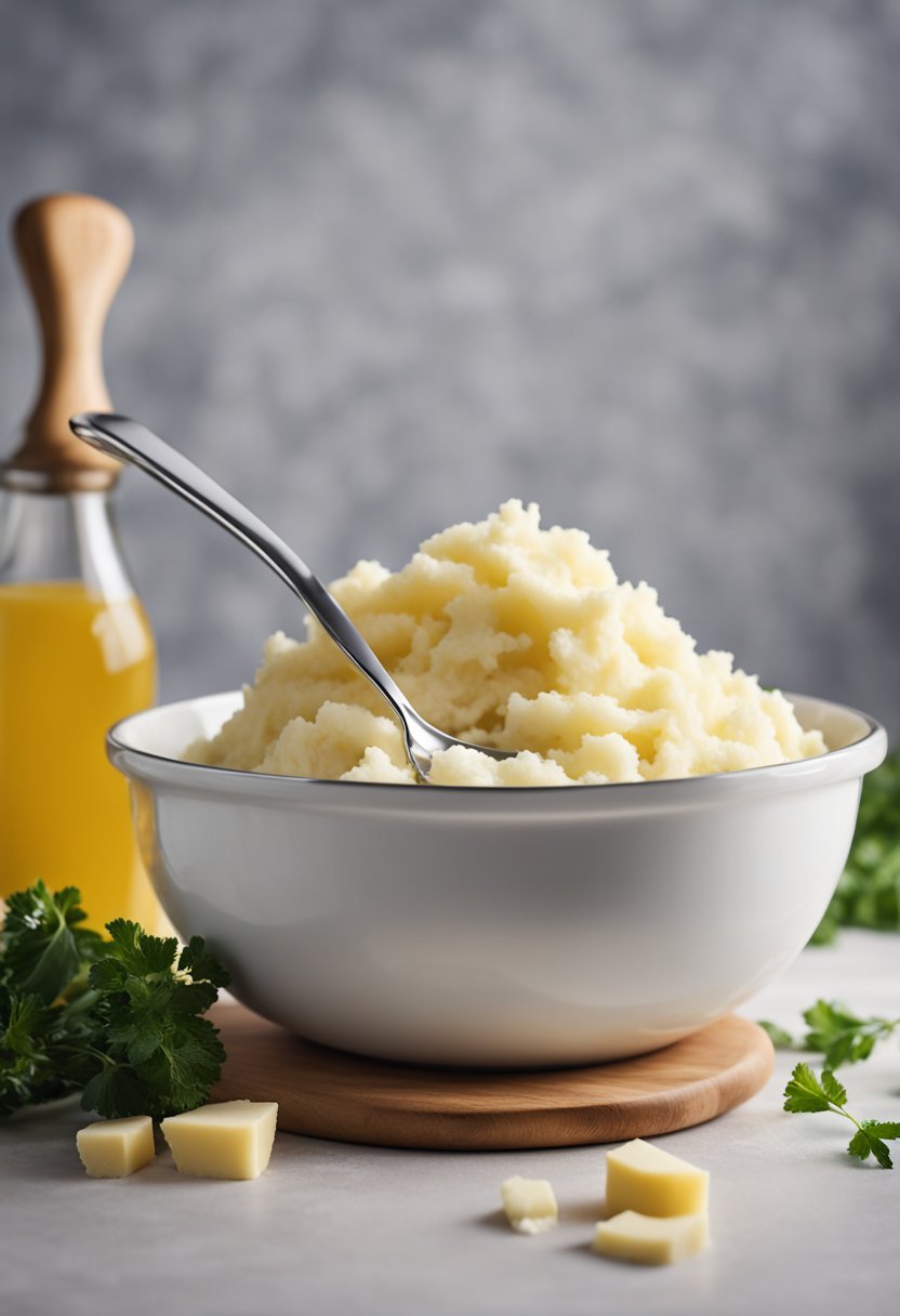 Prepared mashed potatoes in a white bowl with a spoon in it, sitting on a kitchen counter.