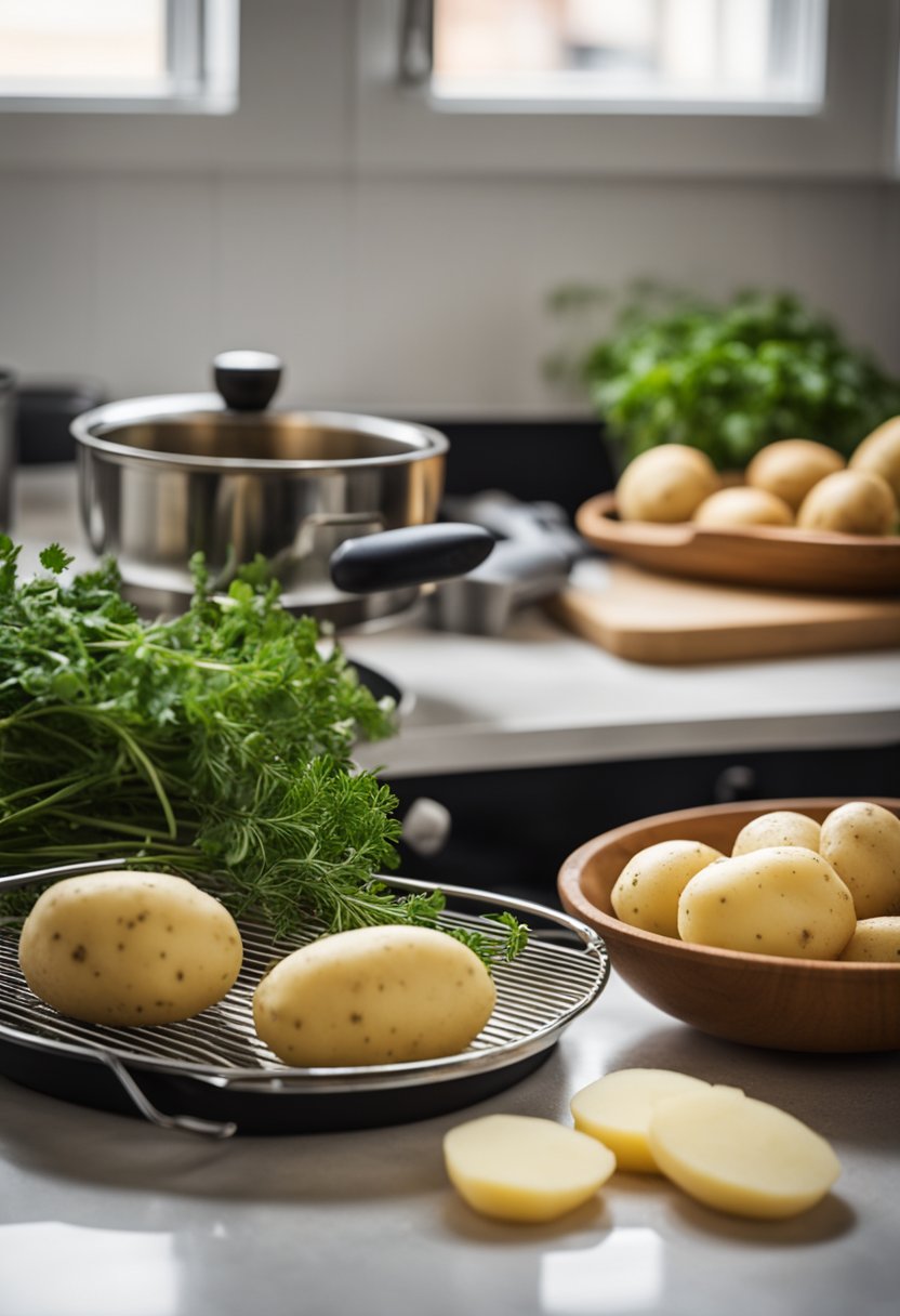 Raw potatoes on a kitchen countertop.