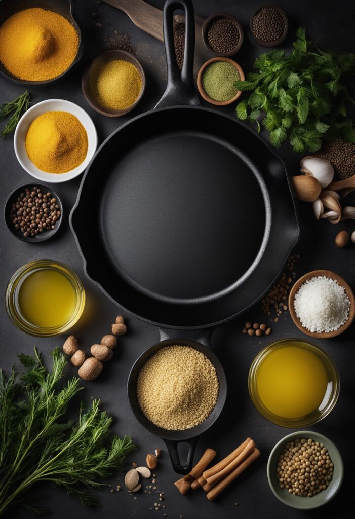Overhead view of a cast Iron skillet on a dark slate surface, surrounded by small bowls of ingredients.