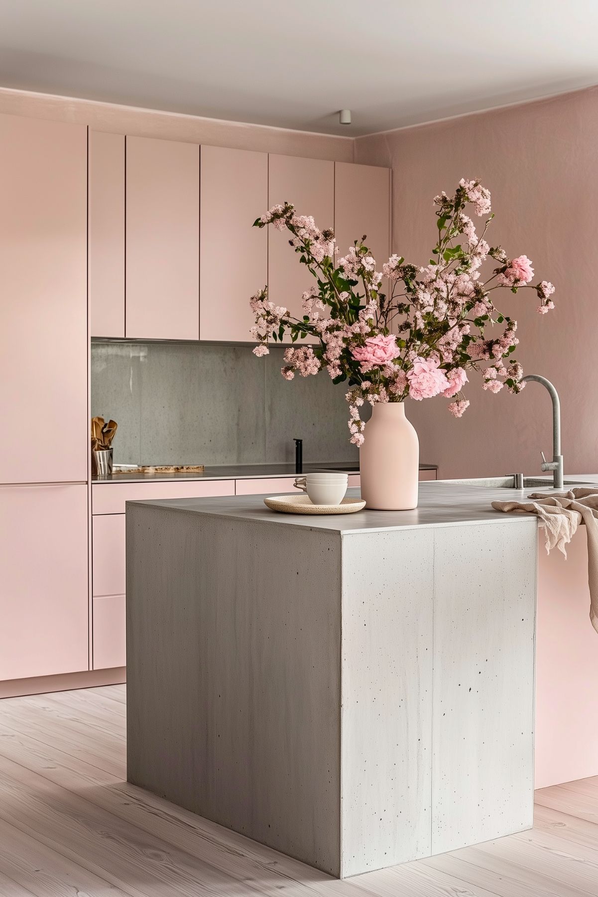 Modern kitchen with blush pink cabinetry, a minimalist concrete island, and a vase of pink flowers as a centerpiece, creating a soft and elegant ambiance.