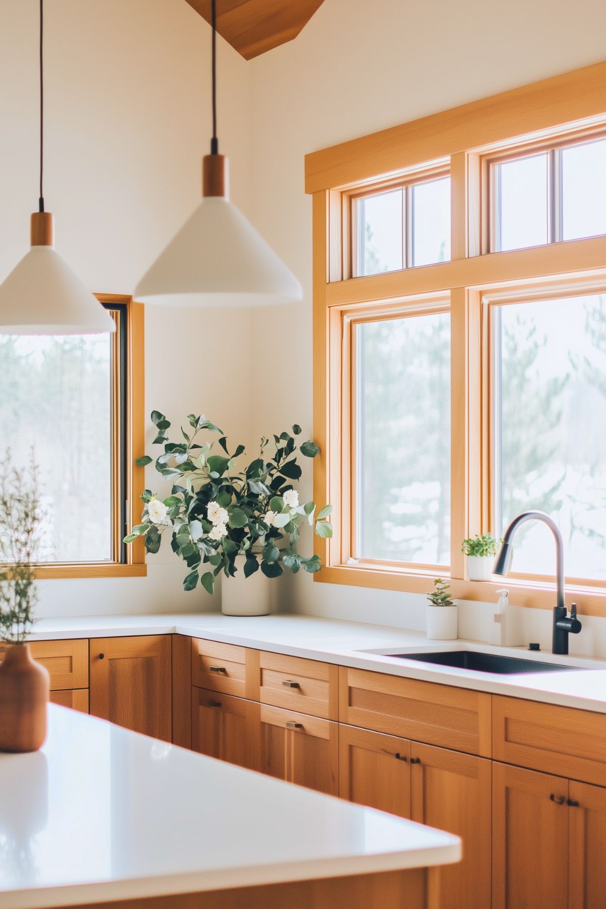 Bright kitchen with warm wood cabinetry, large windows with natural wood frames, white countertops, minimalist pendant lighting, and a touch of greenery for a fresh, inviting feel.