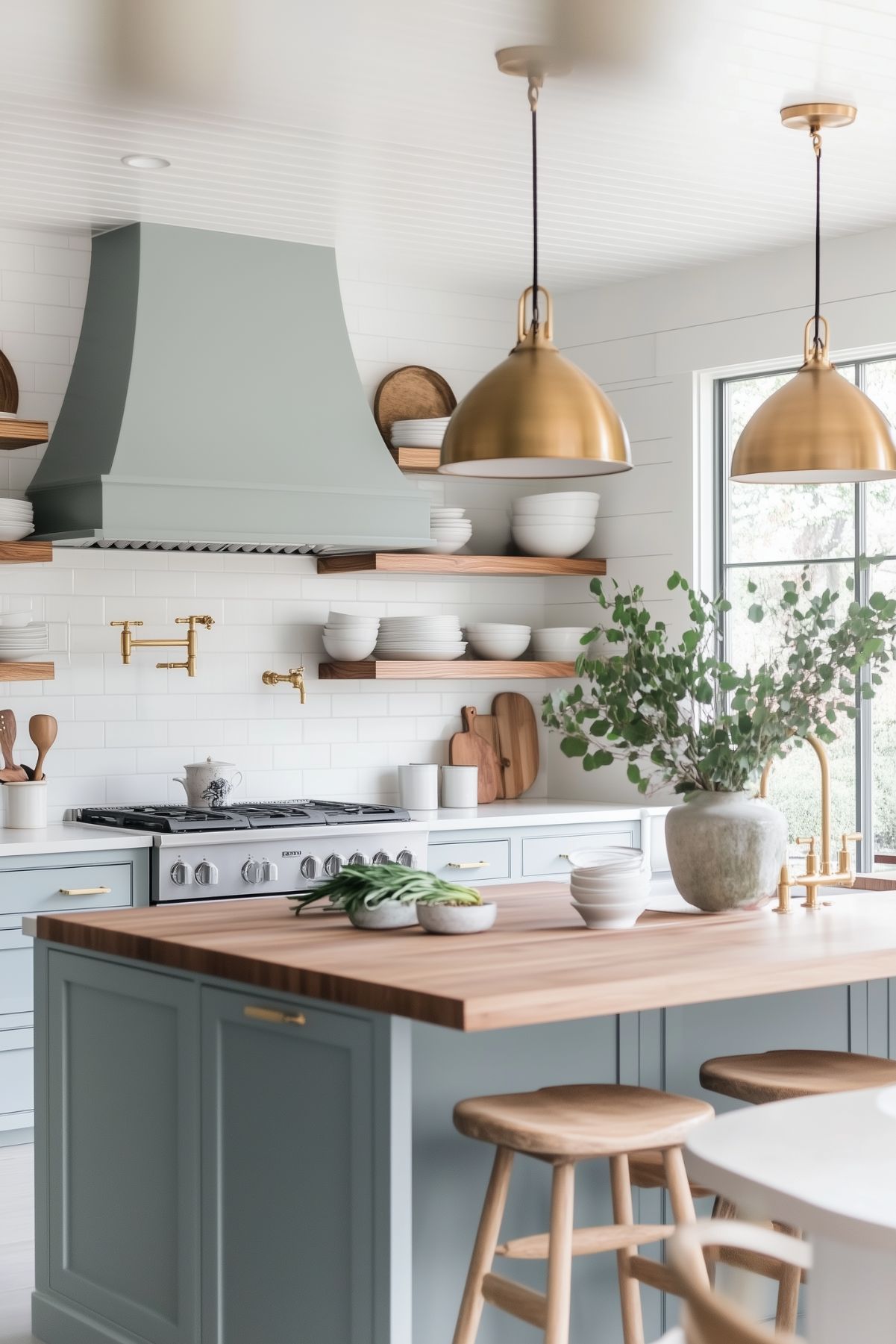 Elegant kitchen with blue-gray cabinets, a natural wood countertop island, brass accents, white subway tile backsplash, open wood shelving, and oversized gold pendant lights, creating a cozy yet sophisticated space.