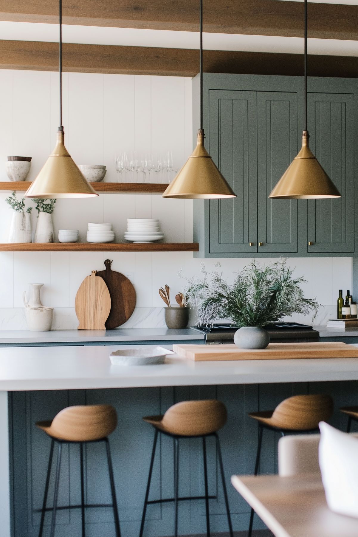 Sophisticated kitchen with blue-gray cabinetry, open wooden shelving, brass pendant lights, a marble backsplash, and a modern island with wooden barstools, creating a sleek and inviting space.