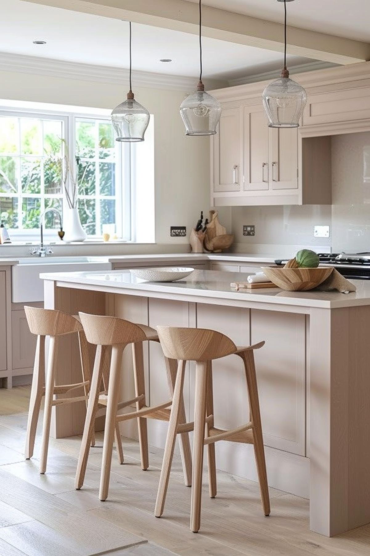 Bright kitchen with beige cabinetry, a large island with a light quartz countertop, wooden barstools, glass pendant lighting, and a farmhouse sink, creating a soft and inviting atmosphere.