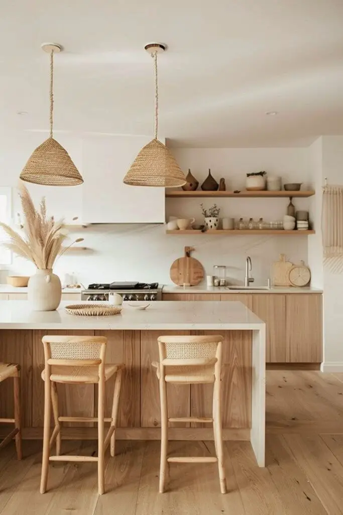 Minimalist kitchen design with natural tones, featuring light wood cabinets, rattan pendant lights, cane barstools, and open shelving styled with neutral decor and greenery.