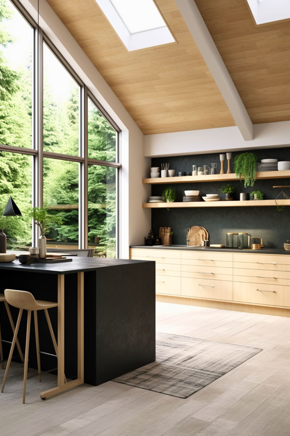 Bright Scandinavian kitchen with large windows, light wood cabinetry, a black island, and open shelving adorned with minimalist decor and greenery, offering a natural and airy ambiance.