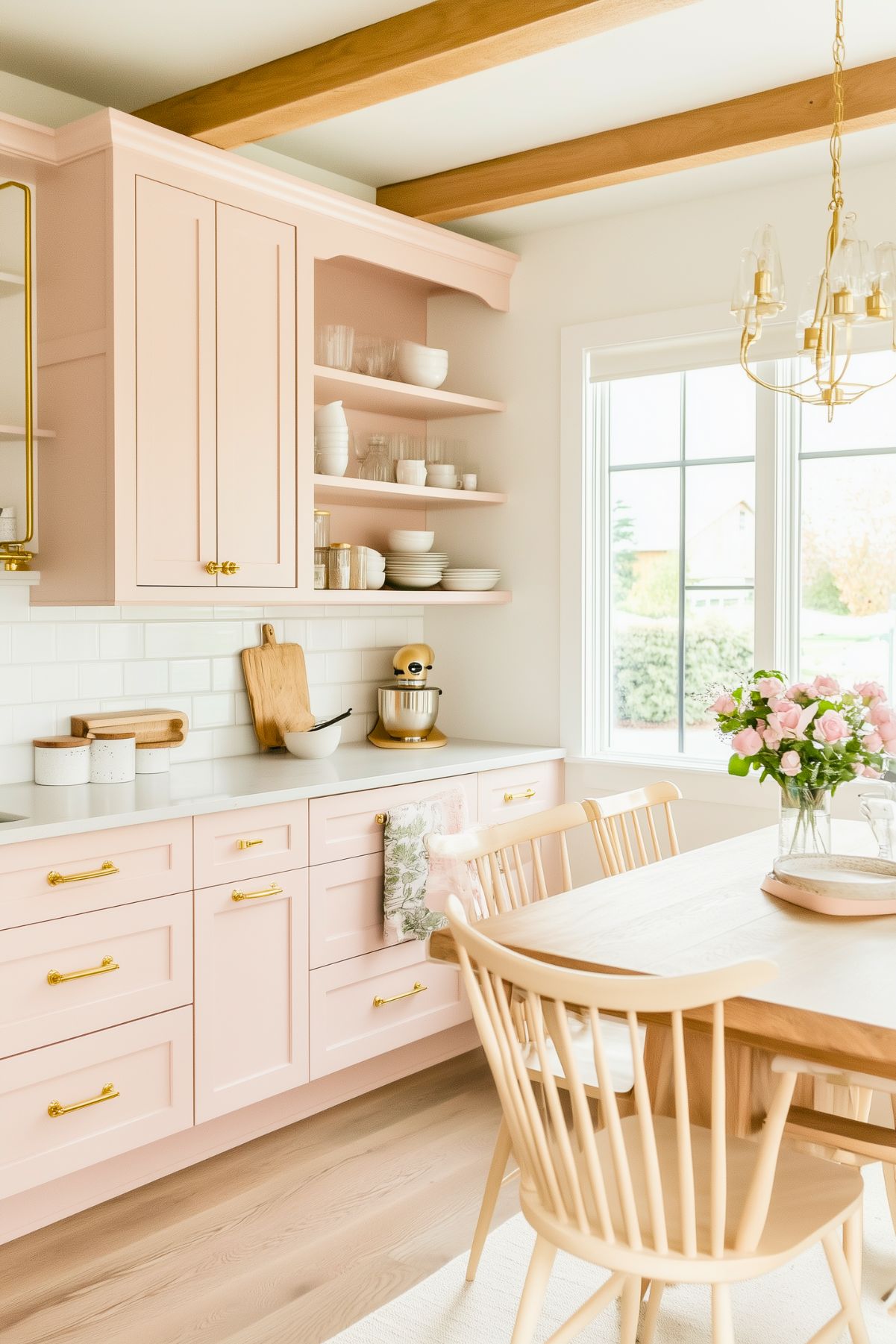 Charming pastel kitchen with blush pink cabinetry, brass hardware, white subway tile backsplash, open shelving, and a light wood dining table accented by fresh flowers and natural light.