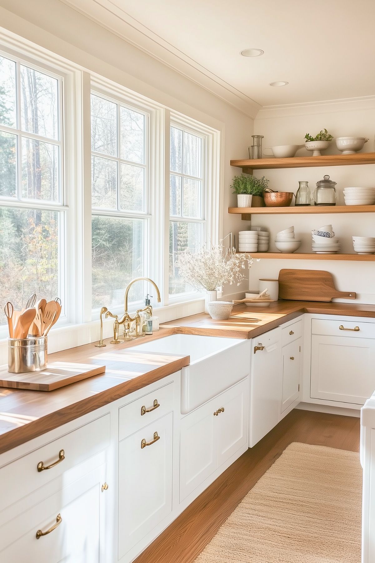 Bright kitchen with white cabinetry, wood countertops, a farmhouse sink, brass hardware and faucet, and open wooden shelves styled with neutral decor and plants, all illuminated by large windows.