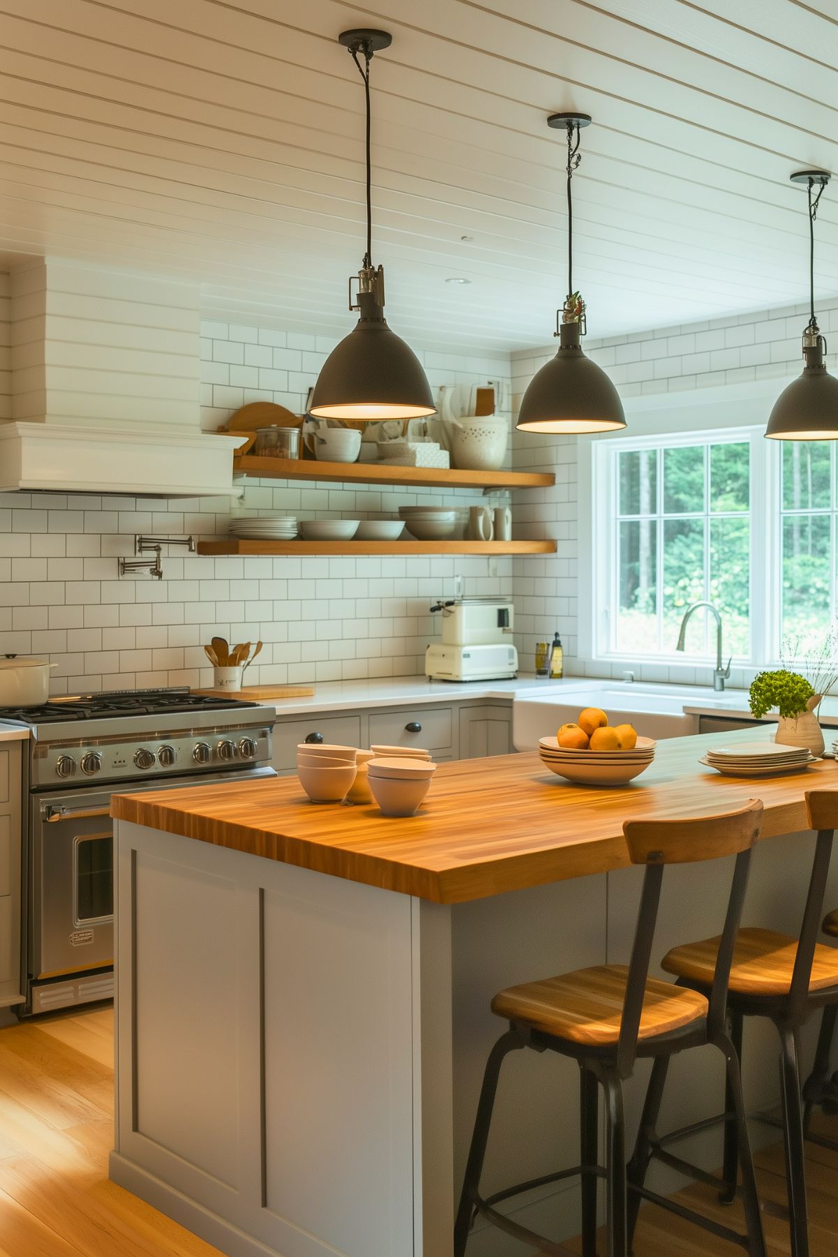 Farmhouse-inspired kitchen with a natural wood island countertop, gray cabinetry, white subway tile backsplash, open wooden shelving, industrial pendant lighting, and a large window bringing in natural light.