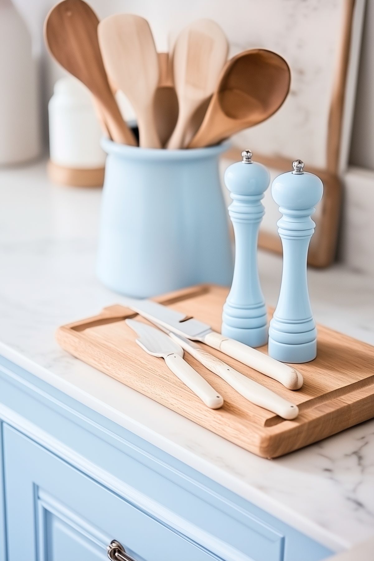 Close-up of a kitchen countertop featuring pastel blue salt and pepper mills, wooden utensils in a matching blue holder, and a wooden tray with ivory-handled knives, set against a marble surface.