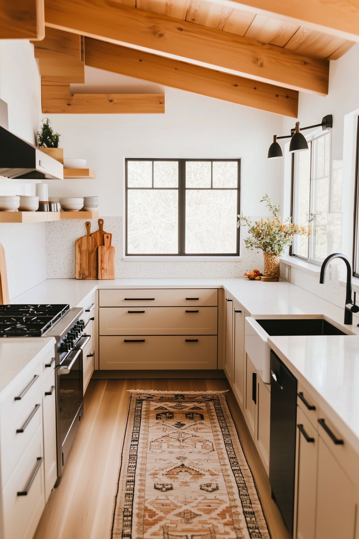 Modern kitchen with cream cabinetry, black hardware, speckled backsplash, natural wood beams, and a patterned runner rug, featuring open shelving and large windows for a bright, airy feel.