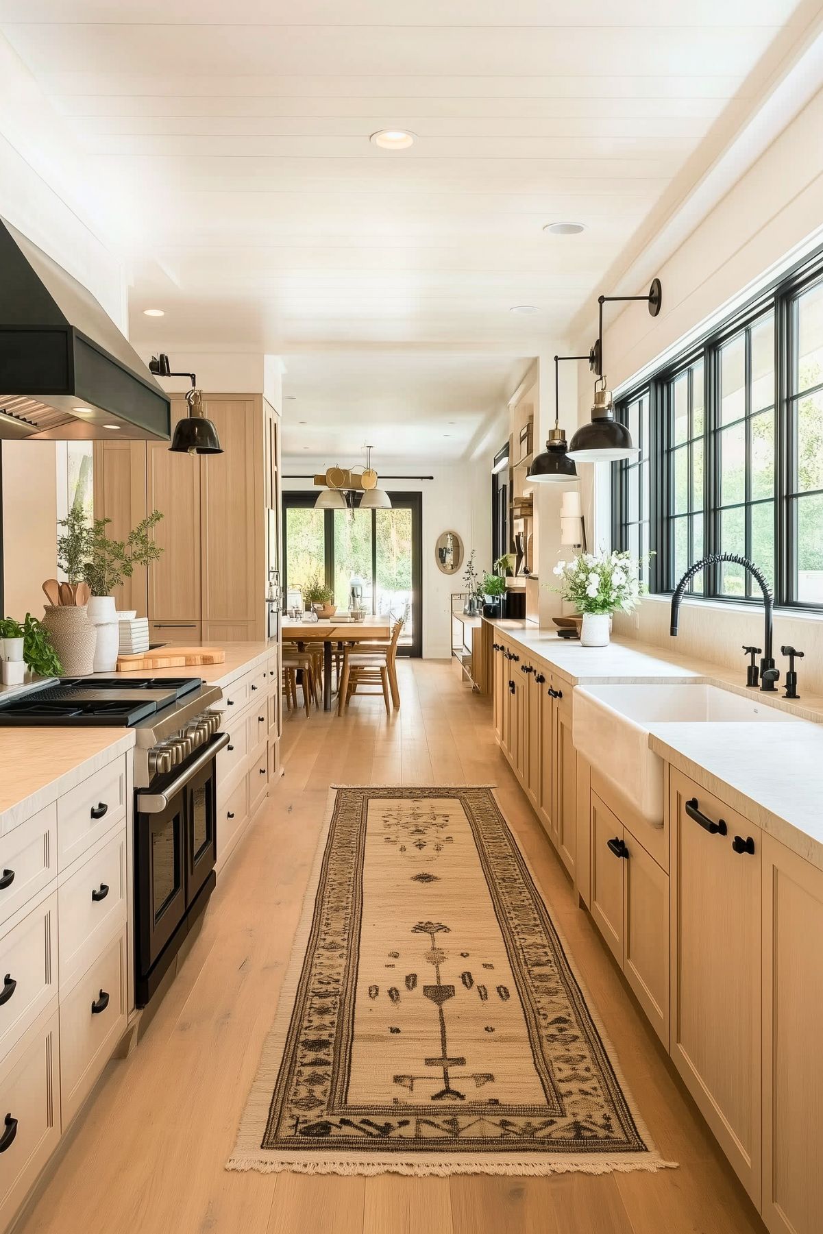 Spacious galley kitchen with light wood cabinetry, black hardware, farmhouse sinks, industrial lighting, and a long patterned runner rug, leading to a dining area with large windows for abundant natural light.