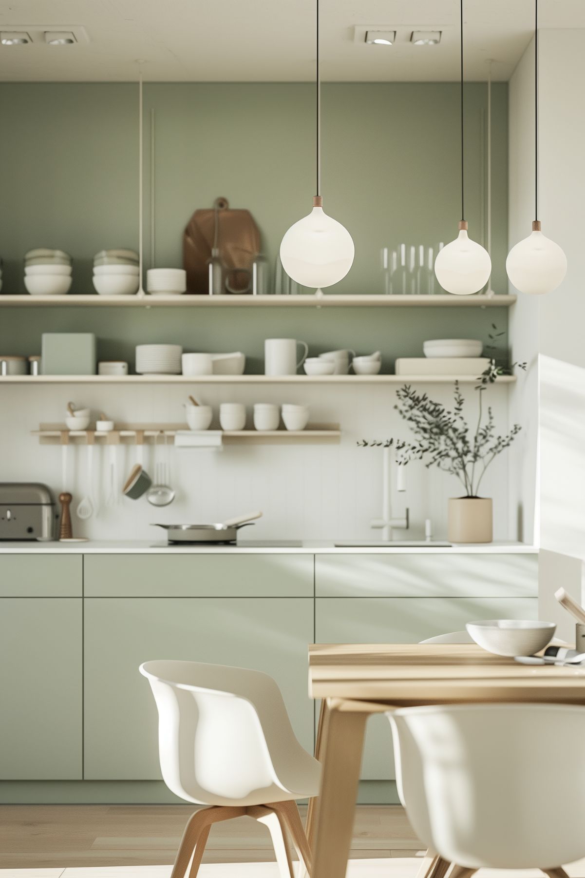 Modern kitchen with sage green cabinets, open shelving styled with neutral dishware, globe pendant lighting, and a light wood dining table paired with white chairs, creating a serene and earthy aesthetic.